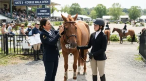 Checking a running martingale for showjumping to ensure it meets official competition rules.