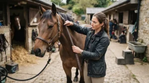 Demonstrating how to measure the correct martingale length for a running martingale for showjumping.