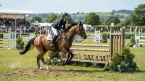 Approaching a double fence with a correctly adjusted running martingale for showjumping.