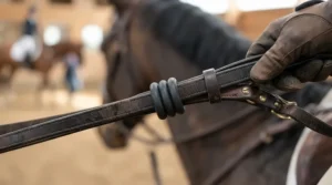 Close-up of a running martingale for showjumping featuring rubber stops on the reins.