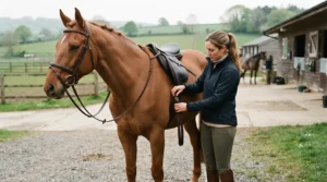 Steward checking showjumping tack rules regarding a running martingale at the ring entrance.