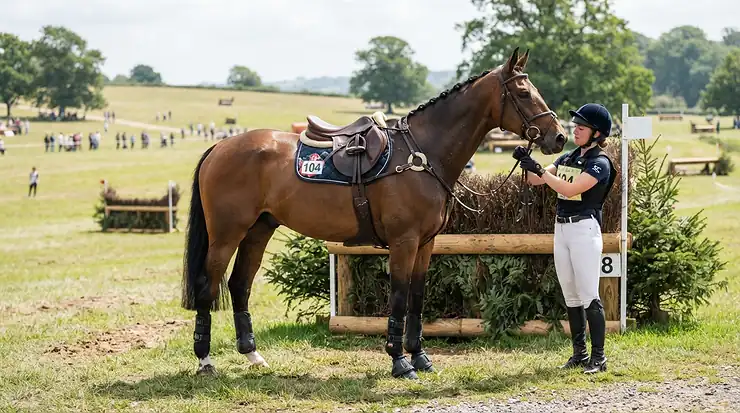 Standing martingale for horse adjusted for use during an eventing phase.