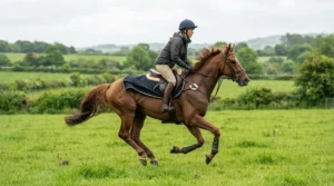 A standing martingale for horse integrated into a full cross country tack setup.
