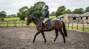 Rider warming up a chestnut gelding wearing a standing martingale for horse in an outdoor arena.