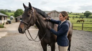 Checking the neck strap tension on a standing martingale for horse before riding.