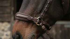 Close-up view of the noseband attachment on a standing martingale for horse.