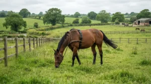 A synthetic vs leather martingale breastplate combo used in a British pasture